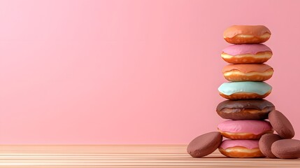 Artful tower of delectable frosted donuts in a rainbow of hues