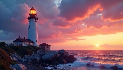 Towering coastal lighthouse against dramatic sky, sea stack, faro, sea
