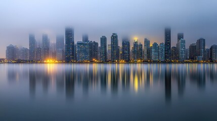 Obraz premium City skyline reflected in tranquil waters at dawn.