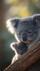 Naklejka premium Koala with a babe on a branch in a natural mount