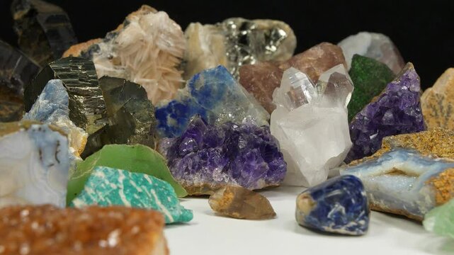 Semi Precious stones and minerals, riches of the Earth. Purple Amethyst, golden Pyrite, green Nephrite, blue Lazurite, yellow Citrine, Agate, Uvarovite or green garnet, Amazon stone, Quartz crystals