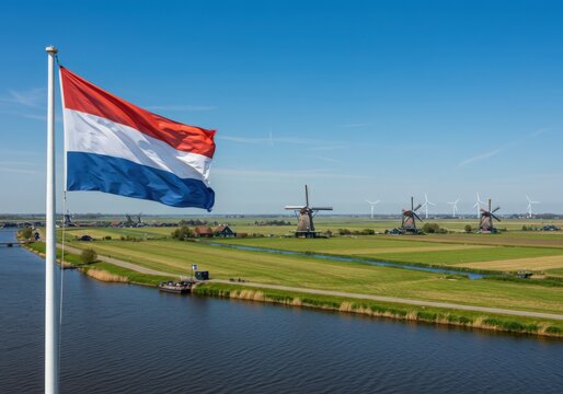 Waving Dutch Flag Representing Maritime Heritage Over Flat Polders with Windmills and Canals
