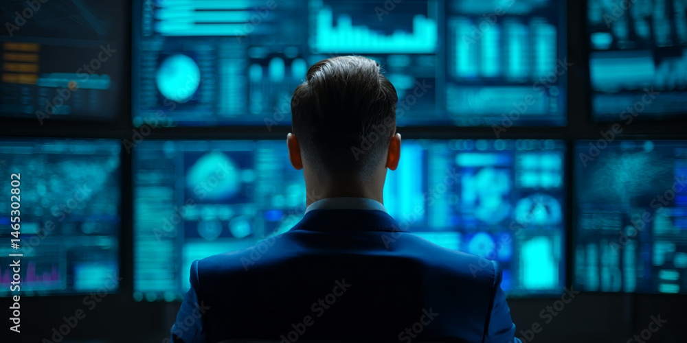 Poster man in suit viewing multiple screens displaying data graphs, representing data analysis, technology,