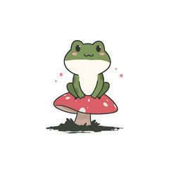 Obraz premium Cute green frog sitting on a mushroom cap with rosy cheeks in a bright, playful cartoon illustration.