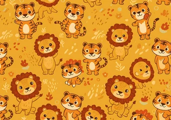 Wall murals Cute Lions and Tigers Seamless Pattern