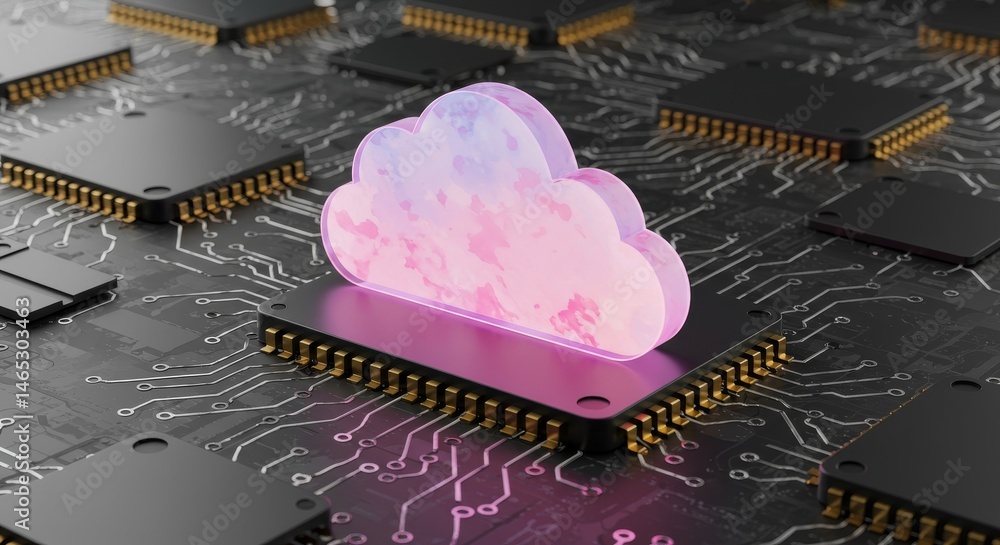 Poster 3d glowing cloud icon on circuit board - cloud computing, technology, data storage, network infrastr