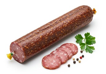 Delicious smoked sausage salami with parsley and peppercorns presentation