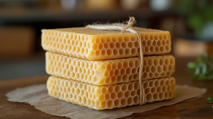 Fototapeta premium Wrapped beeswax soap bar with natural textures and earthy packaging. Symbolizes purity, sustainability, and handcrafted wellness in a clean, eco-friendly, and artisanal skincare presentation.