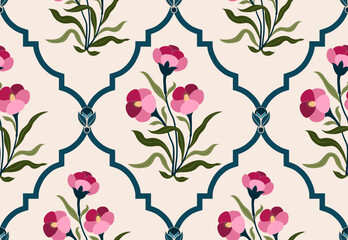 Hand drawn colourful geometric flowers, seamless patterns with floral for fabric, textiles, clothing, wrapping paper, backdrop, banner, illustration, abstract backgrounds.
