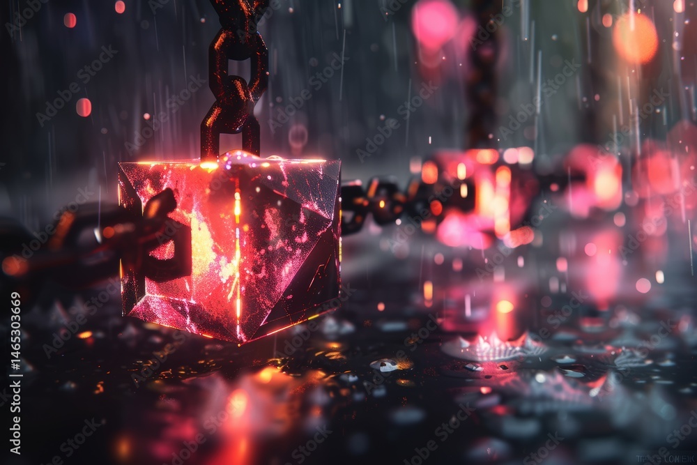 Poster glowing cube in rain with colorful reflections and chains.