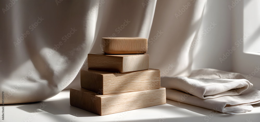 Fototapete abstract minimal concept. stack of cube wood block podium with linen cloth and curtain by window wit