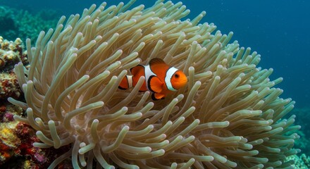 Clownfish nestled within its anemone home in a vibrant underwater ecosystem