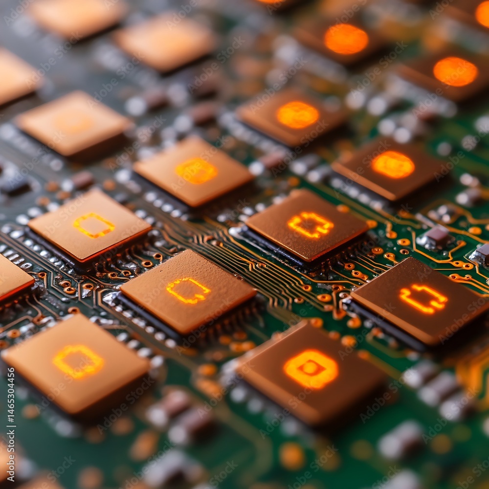 Poster close-up view of a circuit board with illuminated components.