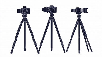 Different types of cameras and tripods arranged for photography enthusiasts in a studio setting