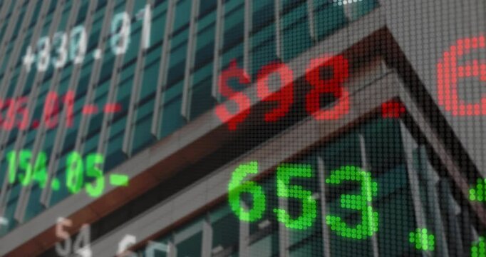 dot matrix green number 154 floating over glass tower fa&ccedil;ade, showing red and green market values