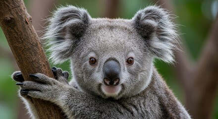 Adorable Koala Bear on Tree Branch - Close-up of a cute koala clinging to a tree branch, showing its fluffy fur and expressive eyes