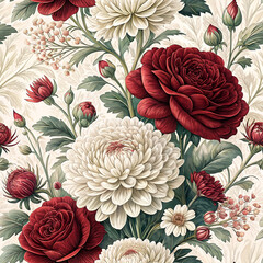 *Seamless Floral Background with Vibrant Red & White Chrysanthemums and Roses &ndash; Elegant Eid Celebration Pattern*  