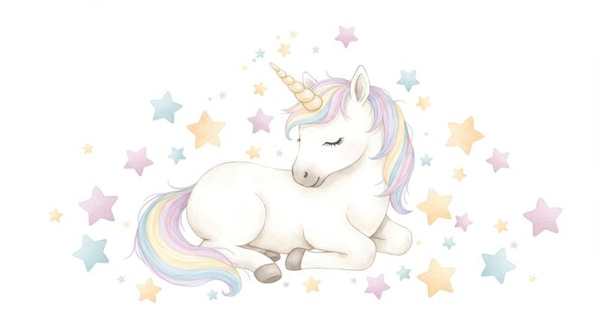 Adorable Unicorn Resting Among Stars - Cute illustration of a pastel unicorn lying down surrounded by pastel stars. Perfect for children's products, stationery, or home decor