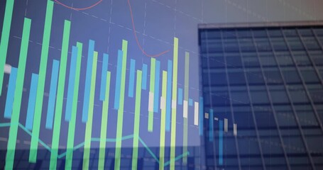Digital financial chart visualizing vertical bars and trend lines over dark grid and glass facade - Powered by Adobe