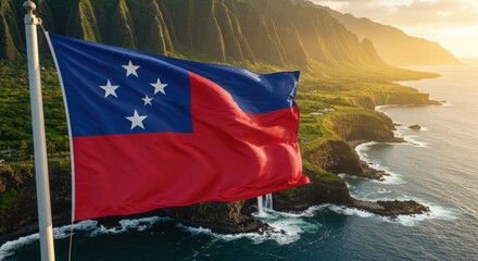Waving Samoan Flag Symbolizing Polynesian Culture Against a Lush Volcanic Coastline with Water Features