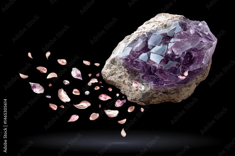 Poster rock fragment with floating pieces on a dark background.