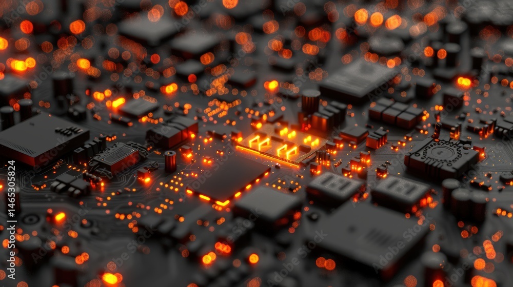 Poster closeup black motherboard with glowing orange circuits and components representing modern microchip 