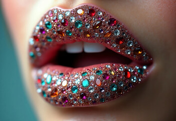 Close-up of Lips Adorned with Colorful Rhinestones and Crystals