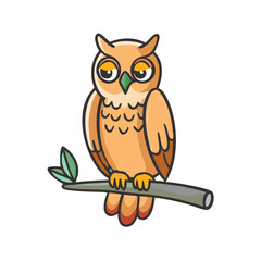 Illustration of a cute owl bird perched on a branch wildlife animal nature drawing cartoon design art