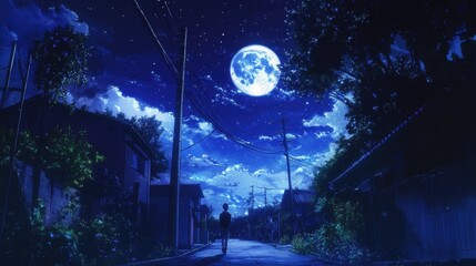 Person walking on empty street under a full moon and starry sky in residential neighborhood at night with homes and trees.