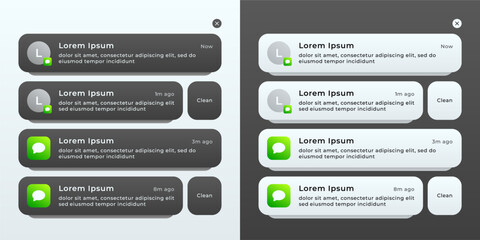 Set of pop-up push notification templates for dark and light themes, vector illustration.