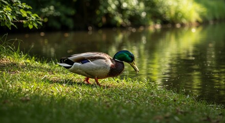 Obraz premium Tranquil Moment: Mallard Duck Grazing near Calm Pond, Surrounded by Lush Greenery