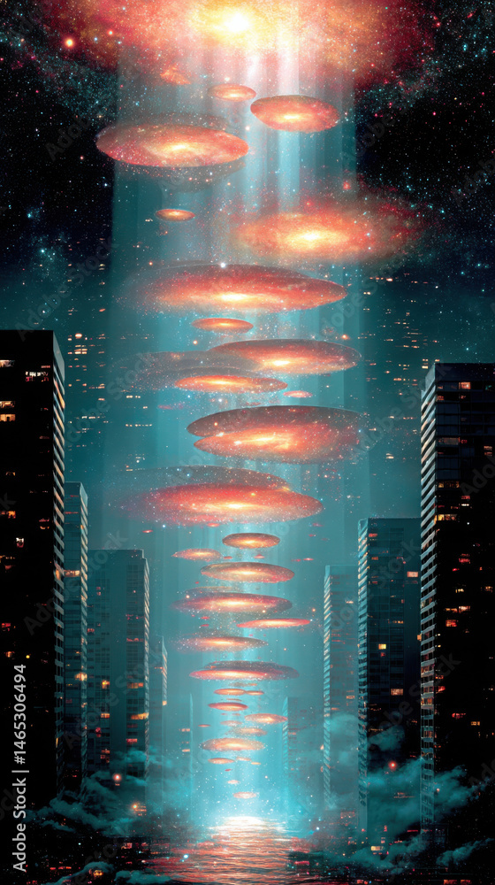 Poster image depicts surreal scene of floating, glowing disk shaped objects descending between tall city bu
