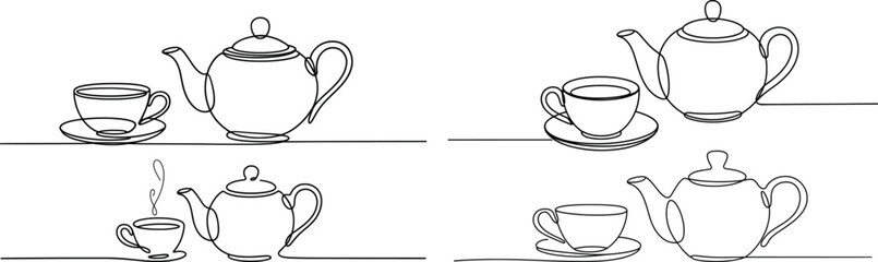 Minimalist Tea Set Line Art, Teapot and Teacup One-Line Illustrations.