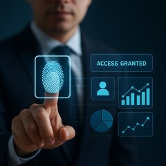 Businessman using fingerprint identification to access personal financial data. Idea