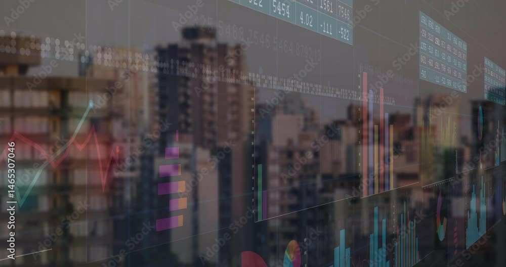 Poster business charts floating over urban skyline, showing colorful bar charts, pie charts, data tables