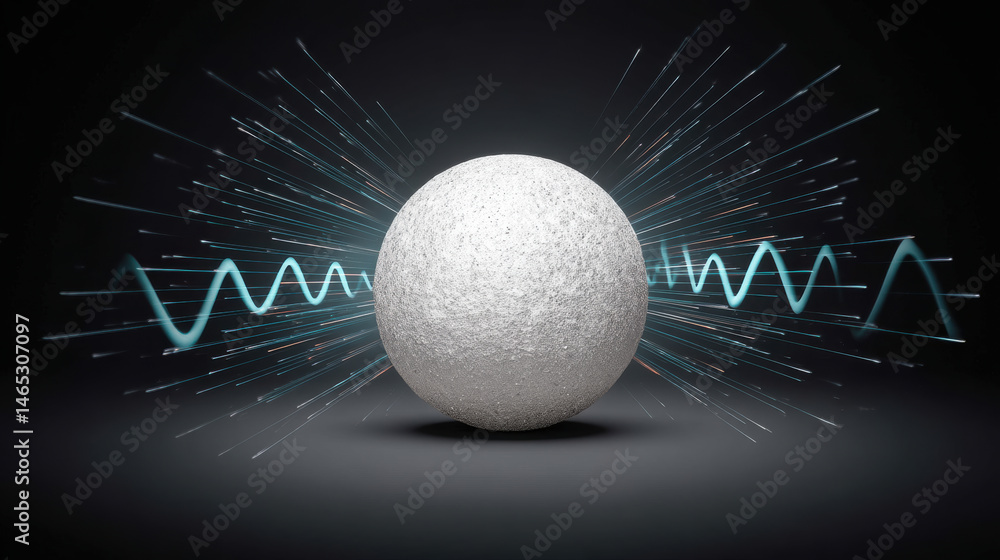 Poster textured white sphere with rough surface is placed in dark space with blue wave lines and light stre