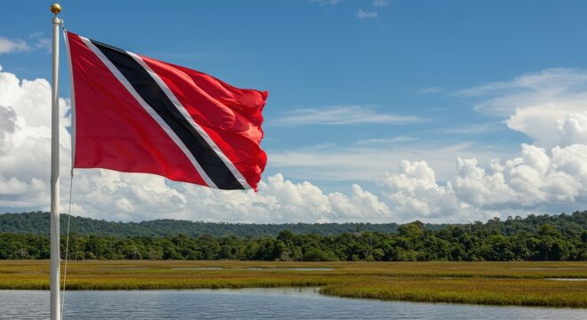 Waving Trinidadian and Tobagonian Flag Over the Diverse Natural Beauty of Caroni Swamp Wetlands