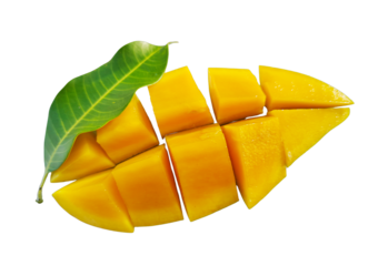 Mango fruit and leaves isolated on transparent background for graphic design.
