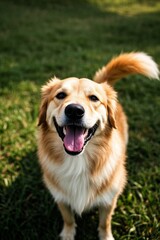 there is a dog that is standing in the grass with its mouth open