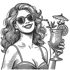 woman wearing sunglasses and holding a tropical cocktail with a straw, umbrella, and citrus garnish, drawn in an engraved style sketch engraving generative ai vector. Scratch board. Black and white.