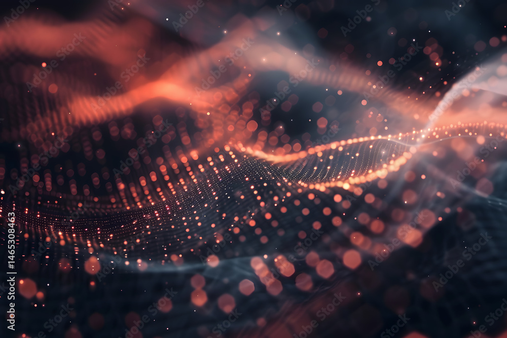 Poster Dynamic red and black digital waves with sparkling particles representing data flow