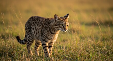 Obraz premium African wildcat prowling through savanna grassland at golden hour lighting