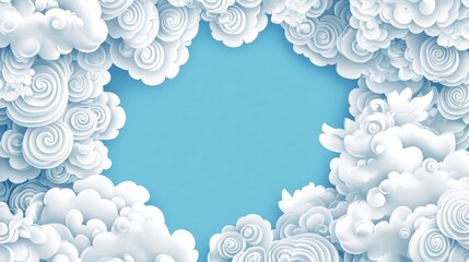 White swirling clouds form a heart shaped frame on blue