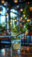 Refreshing iced beverage with lemon and mint
