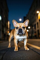 there is a small dog standing on the sidewalk in the city