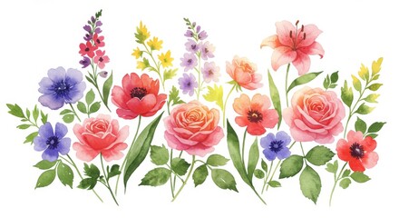 Blooming Summer Garden Watercolor Flowers - Vibrant watercolor painting of a summer garden, symbolizing beauty, growth, nature, serenity, and joy