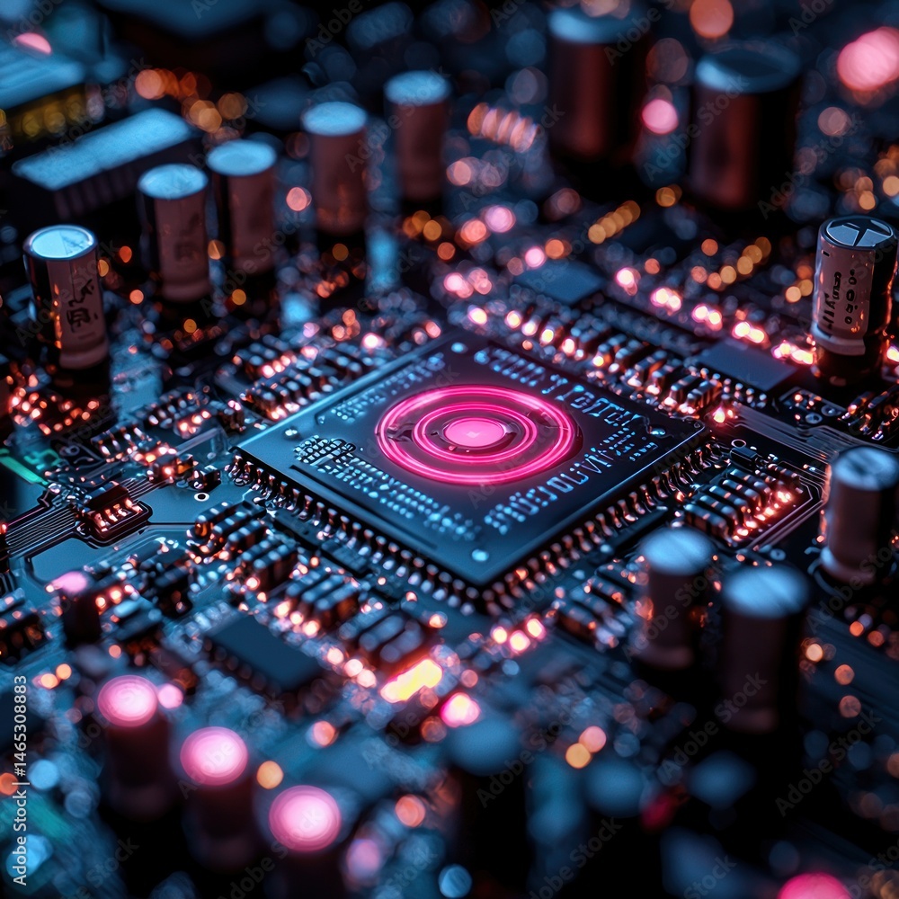 Poster close-up of computer chip with glowing red center and electronic components