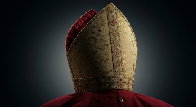 Detailed studio shot of a bishop mitre showcases intricate design