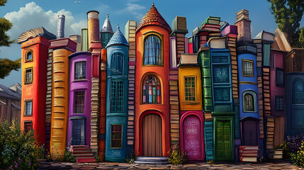 Fototapeta premium Whimsical colorful cityscape of buildings resembling books in a fantasy setting
