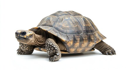 Naklejka premium A tortoise slowly making its way across a sandy surface, with a wise expression, on a white background